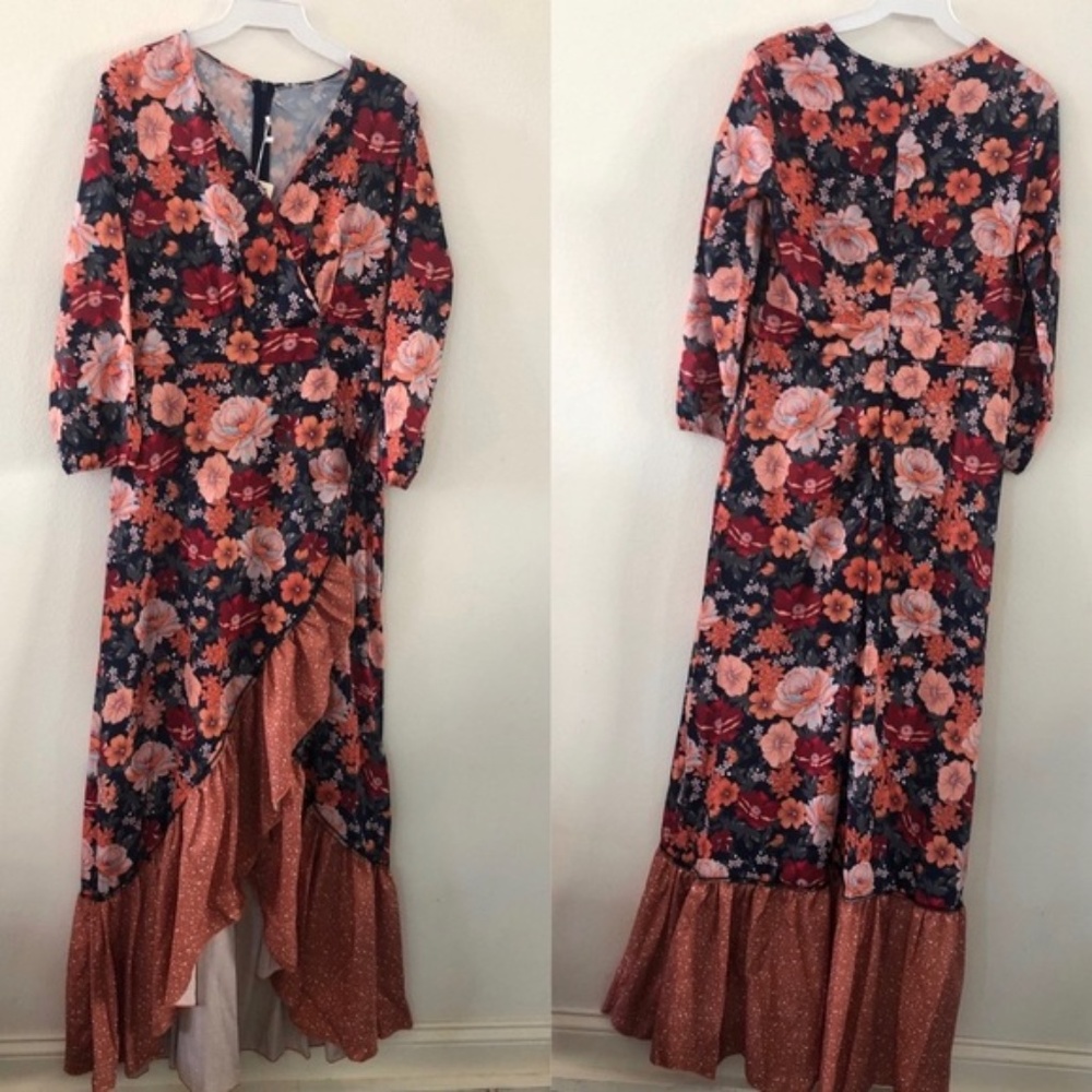 Ruffle hem floral orange boho gypsy maxi dress Ruffle Cottagecore - Picture 9 of 14
